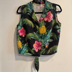 Tommy Bahama Silk Tie-Front Cropped Blouse Black Collared Tropical Button Sz 10